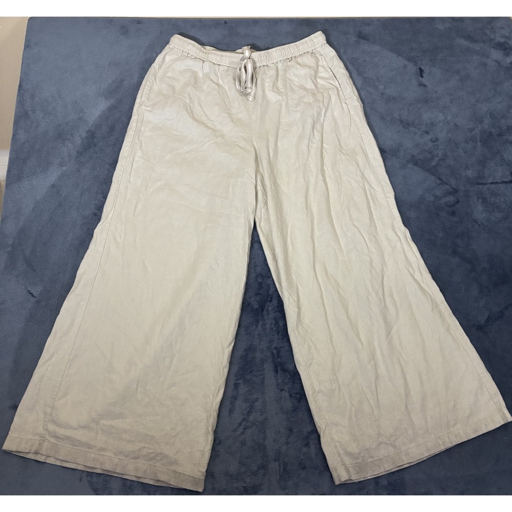 Max Studio Landon Womens Wide Leg Pants Beige Linen Blend Drawstring Waist XL